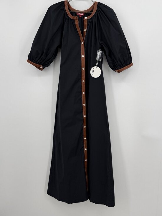 STAUD Dresses & Skirts - Staud Black Whiskey Vincent Midi Shirt Dress size XS Faux Leather Trim $275